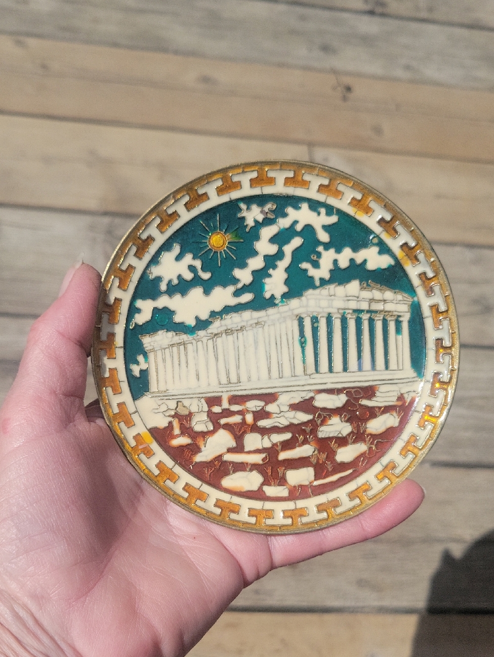 Decorative Greek Parthenon Brass Plate - Blue, White, Brown